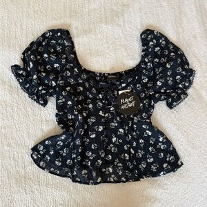 Navy Floral Puff Sleeve Blouse